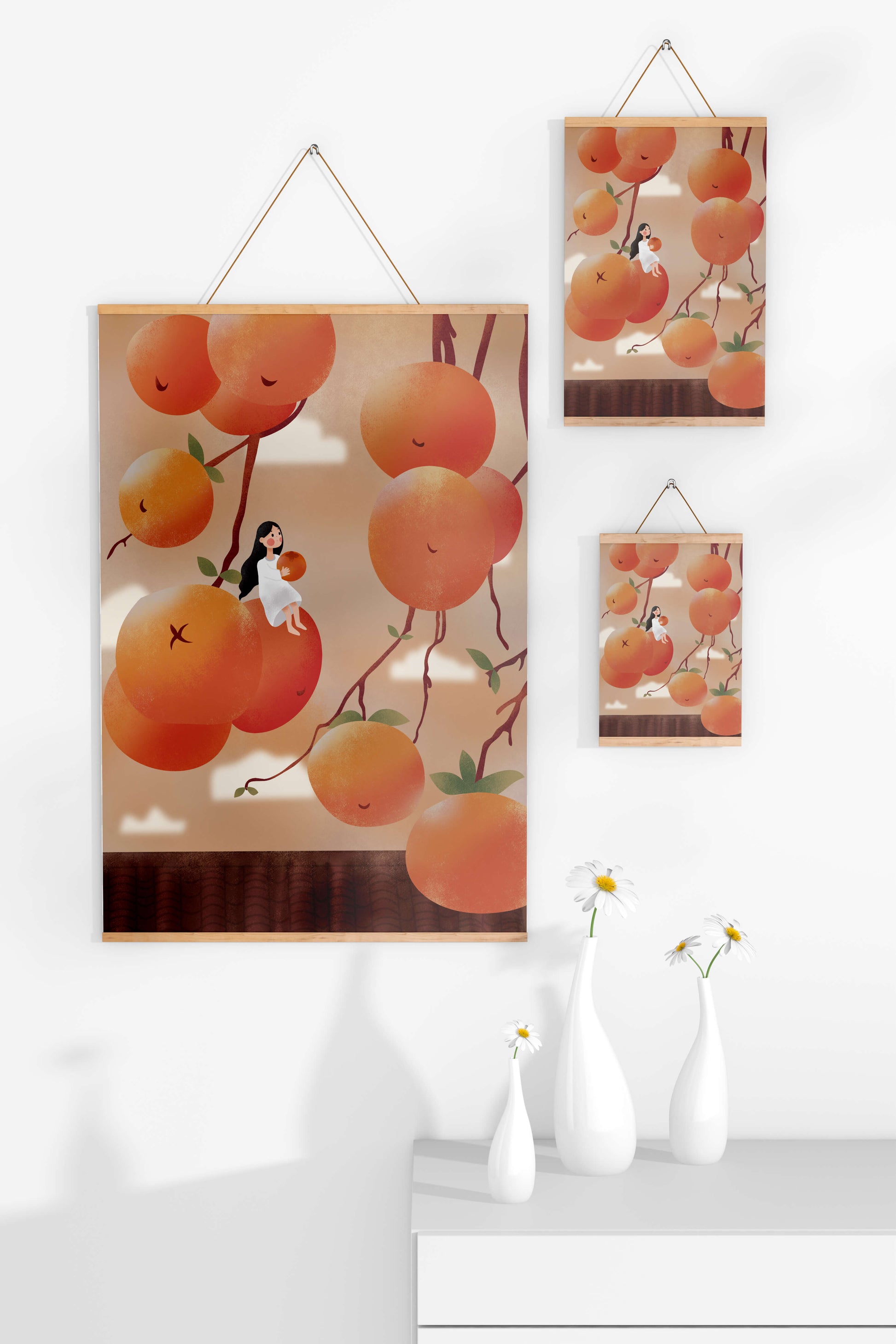 Whimsical illustration of girl with giant oranges and branches