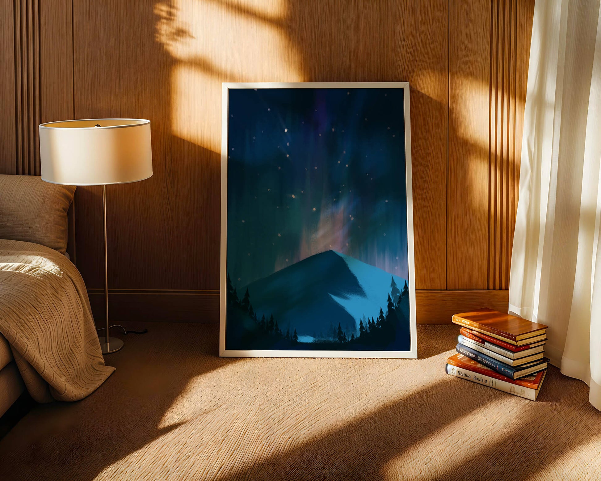 Paisaje montañoso sereno con auroras boreales y bosque oscuro