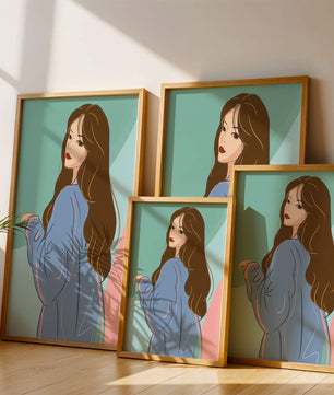 Stylish woman illustration with long hair in pastel shades