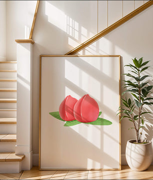 Ilustración realista de melocotones jugosos con hojas verdes