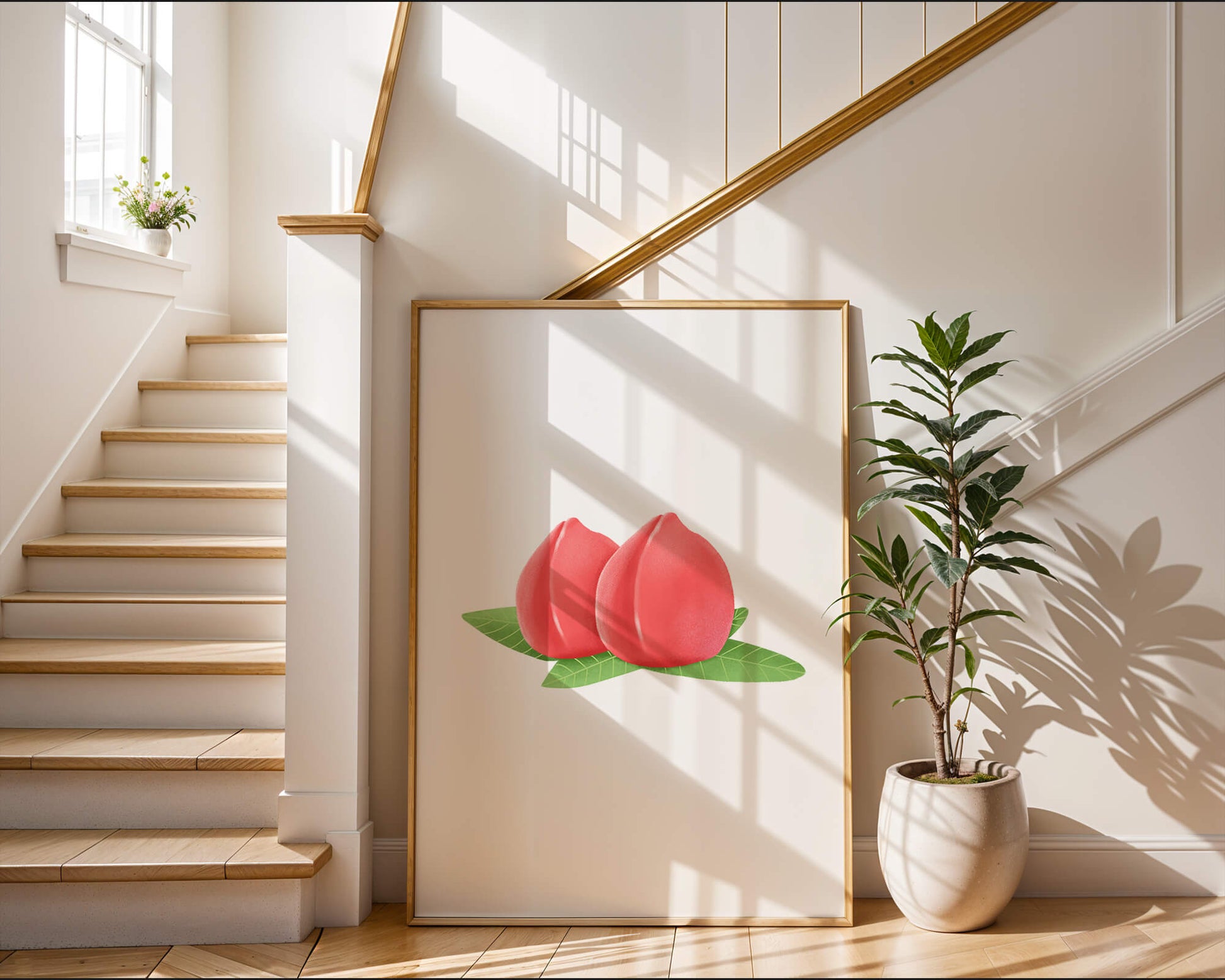 Realistic illustration of juicy peaches with green leaves
