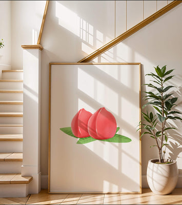 Realistic illustration of juicy peaches with green leaves