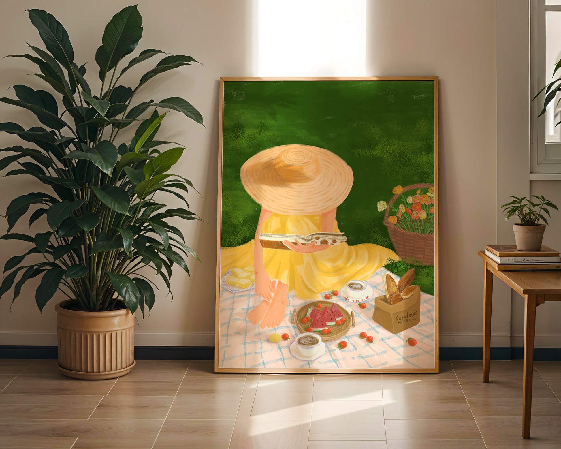 Picnic in the Park with Straw Hat and Flowers