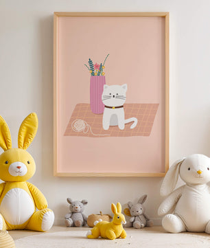 Illustration of a cute white cat with a pink vase and yarn ball on a pastel background