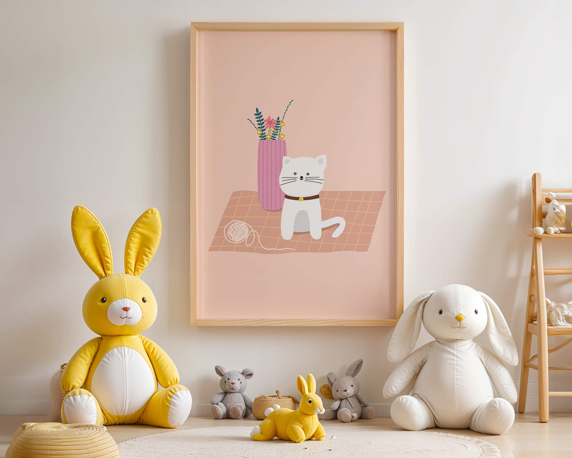 Illustration of a cute white cat with a pink vase and yarn ball on a pastel background