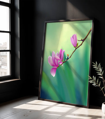 Serene illustration of magnolia flowers with a small figure in a hat