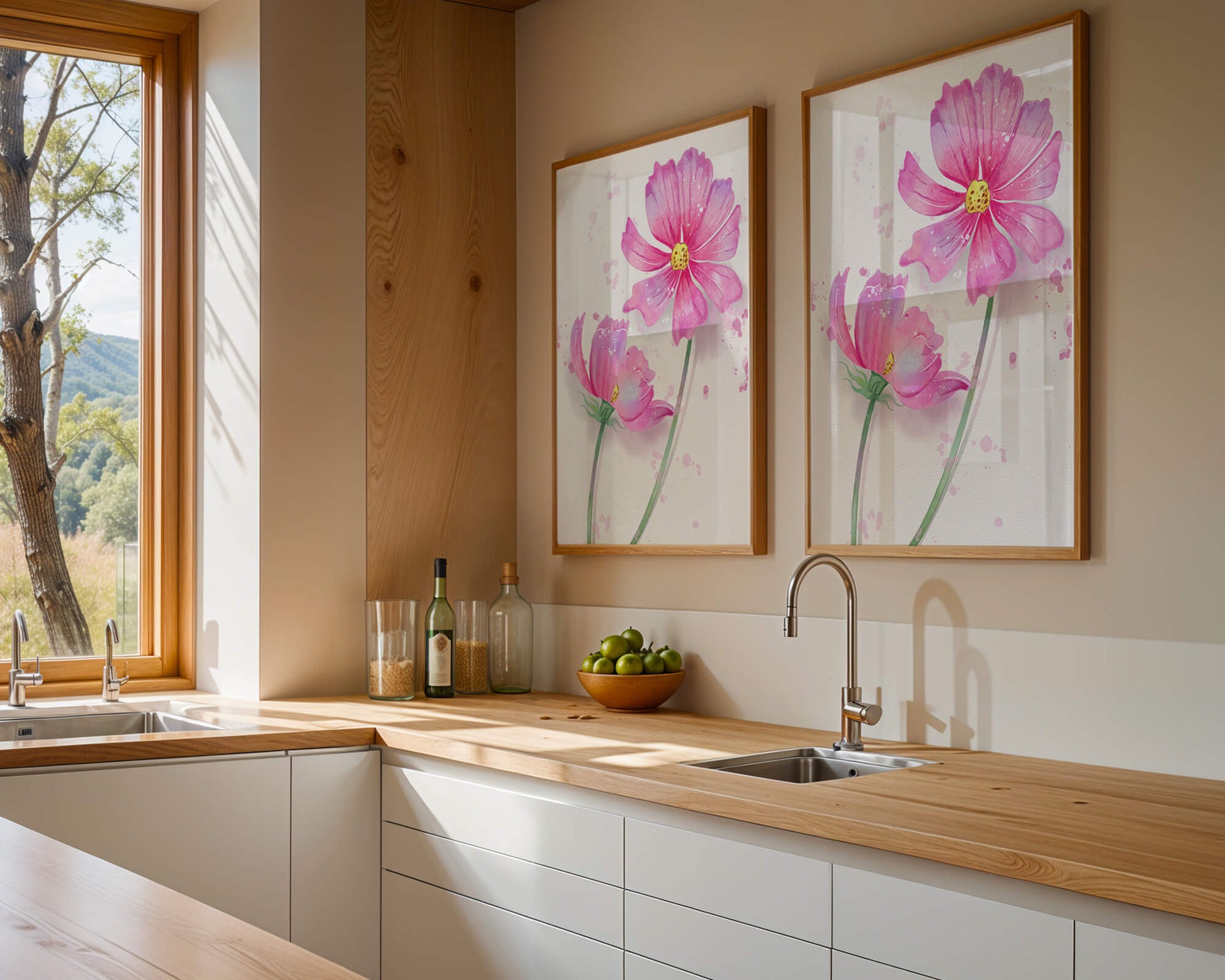 Flores delicadas en acuarela rosada con salpicaduras artísticas en lienzo