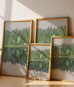 Forest landscape with a white horse and reflection in a tranquil pond