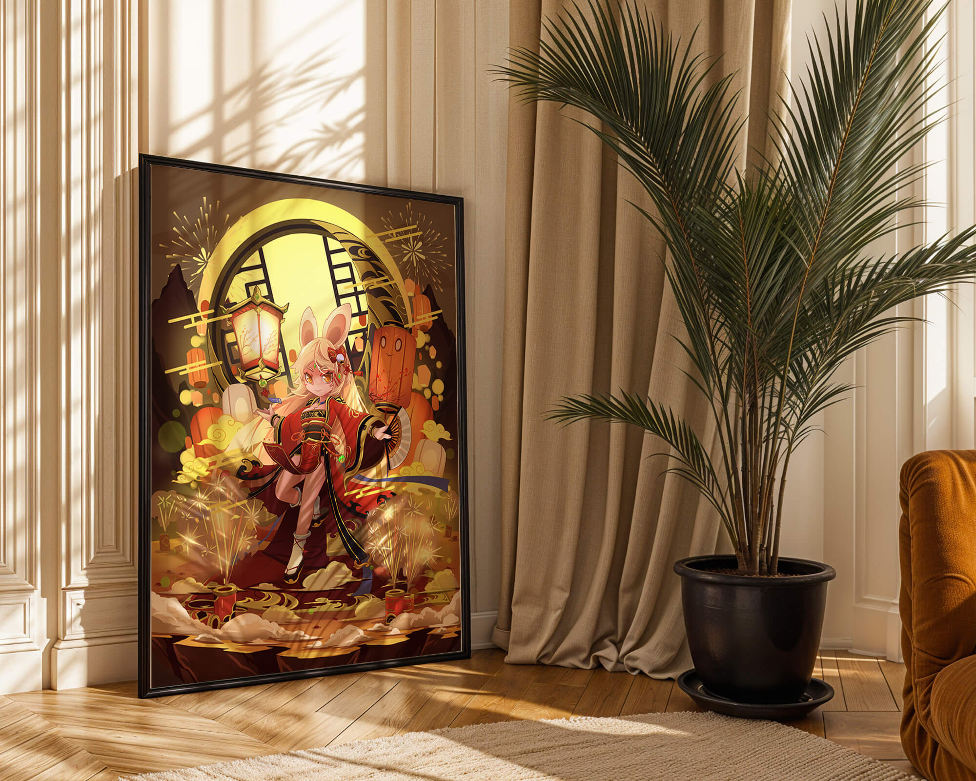 Festive celebration with a lantern-carrying character amidst fireworks and moonlight