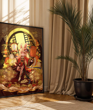 Festive celebration with a lantern-carrying character amidst fireworks and moonlight