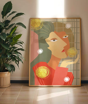 Abstract portrait artwork with geometric forms and gold accents