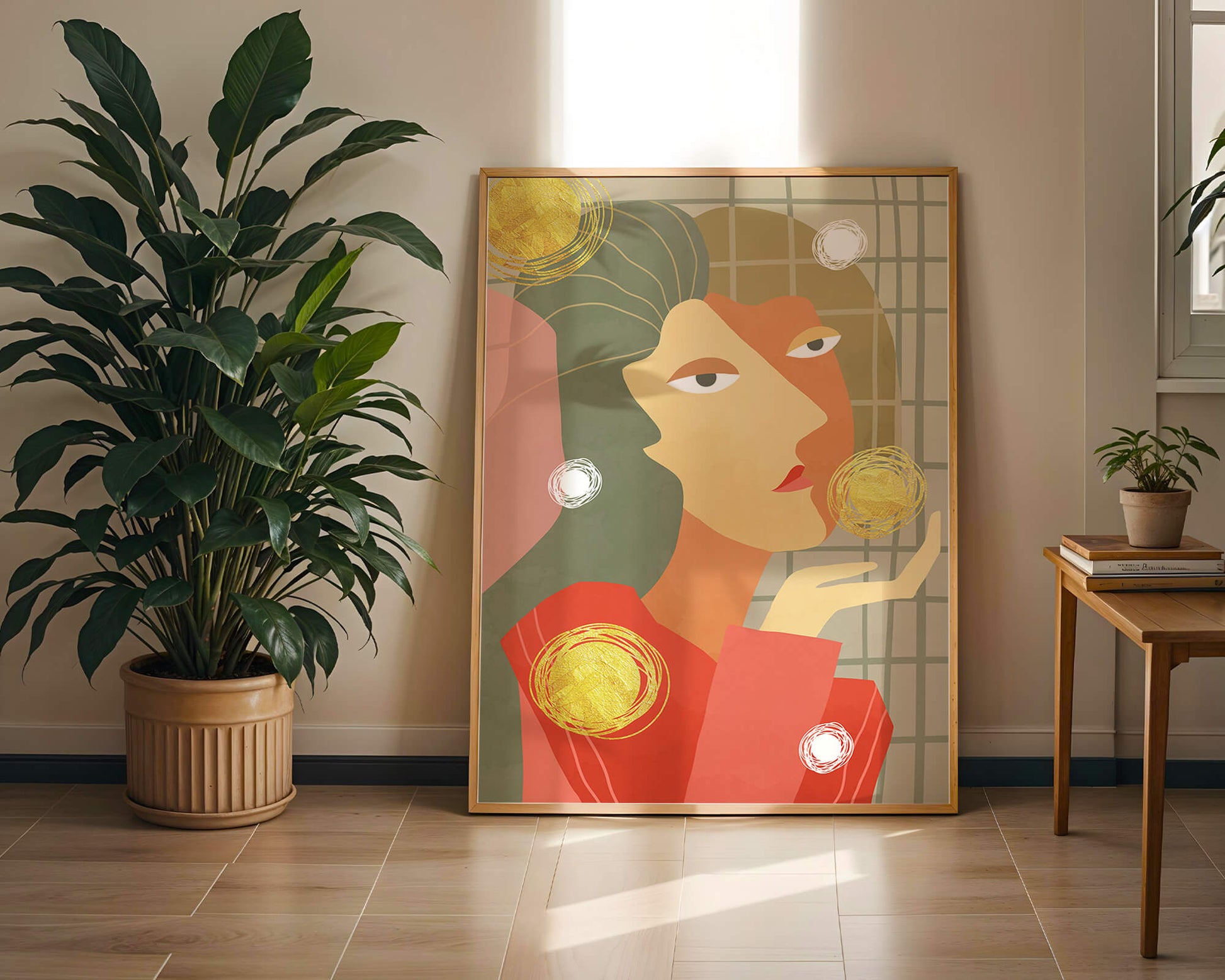 Abstract portrait artwork with geometric forms and gold accents