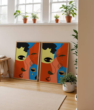 Abstract faces with vibrant colors and gold accents