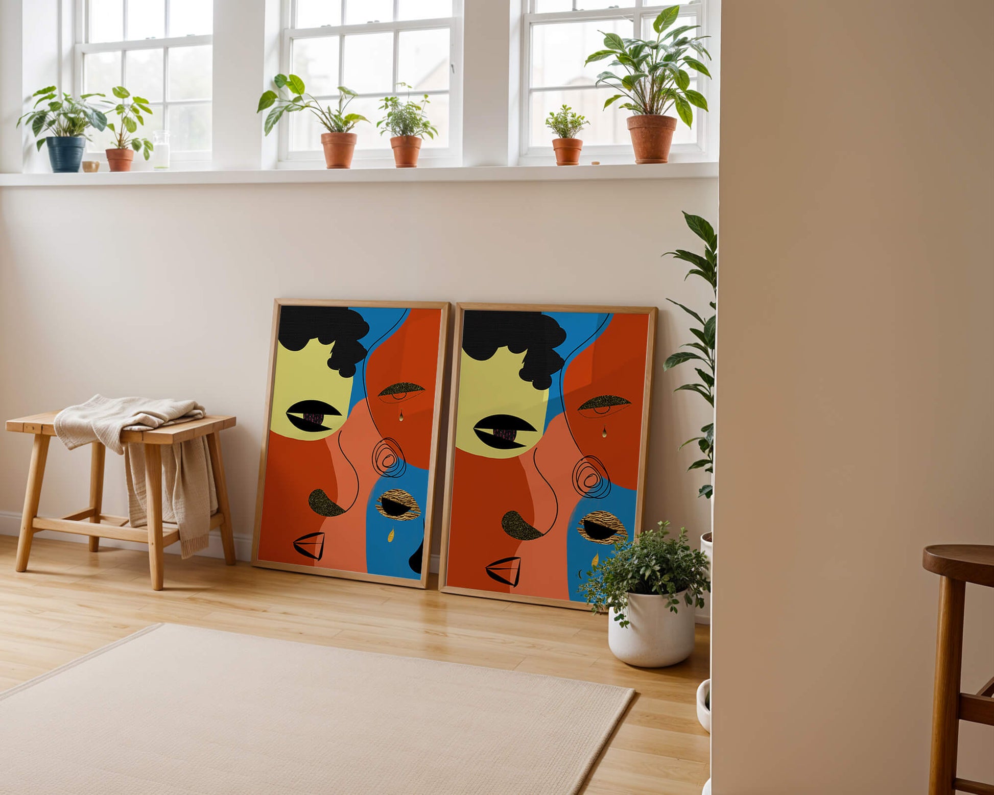 Abstract faces with vibrant colors and gold accents