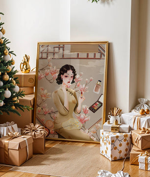 Elegant illustration of a woman with makeup and magnolia flowers