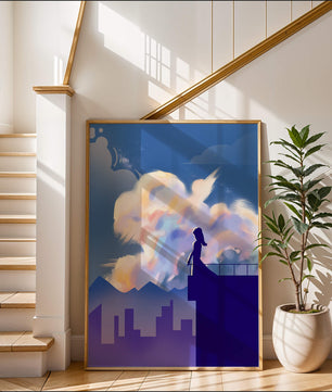 Silhouette of a woman on rooftop against a dreamy sky with colorful clouds