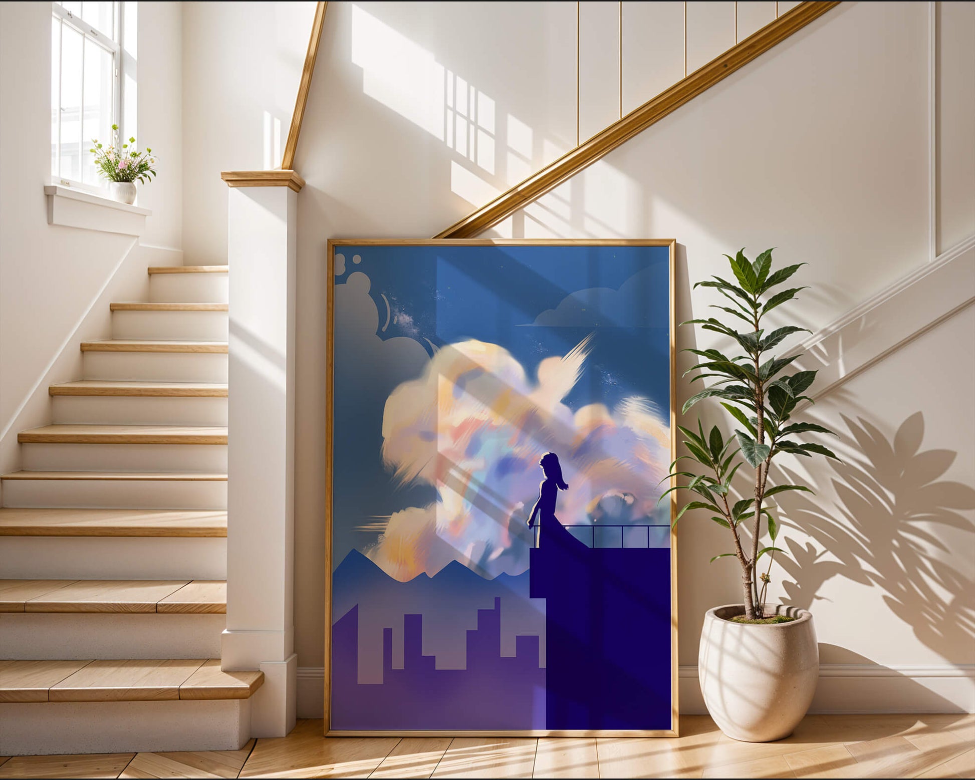Silhouette of a woman on rooftop against a dreamy sky with colorful clouds
