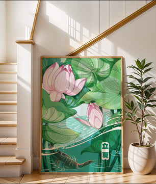 Illustration nature sereine avec fleurs de lotus et vie aquatique