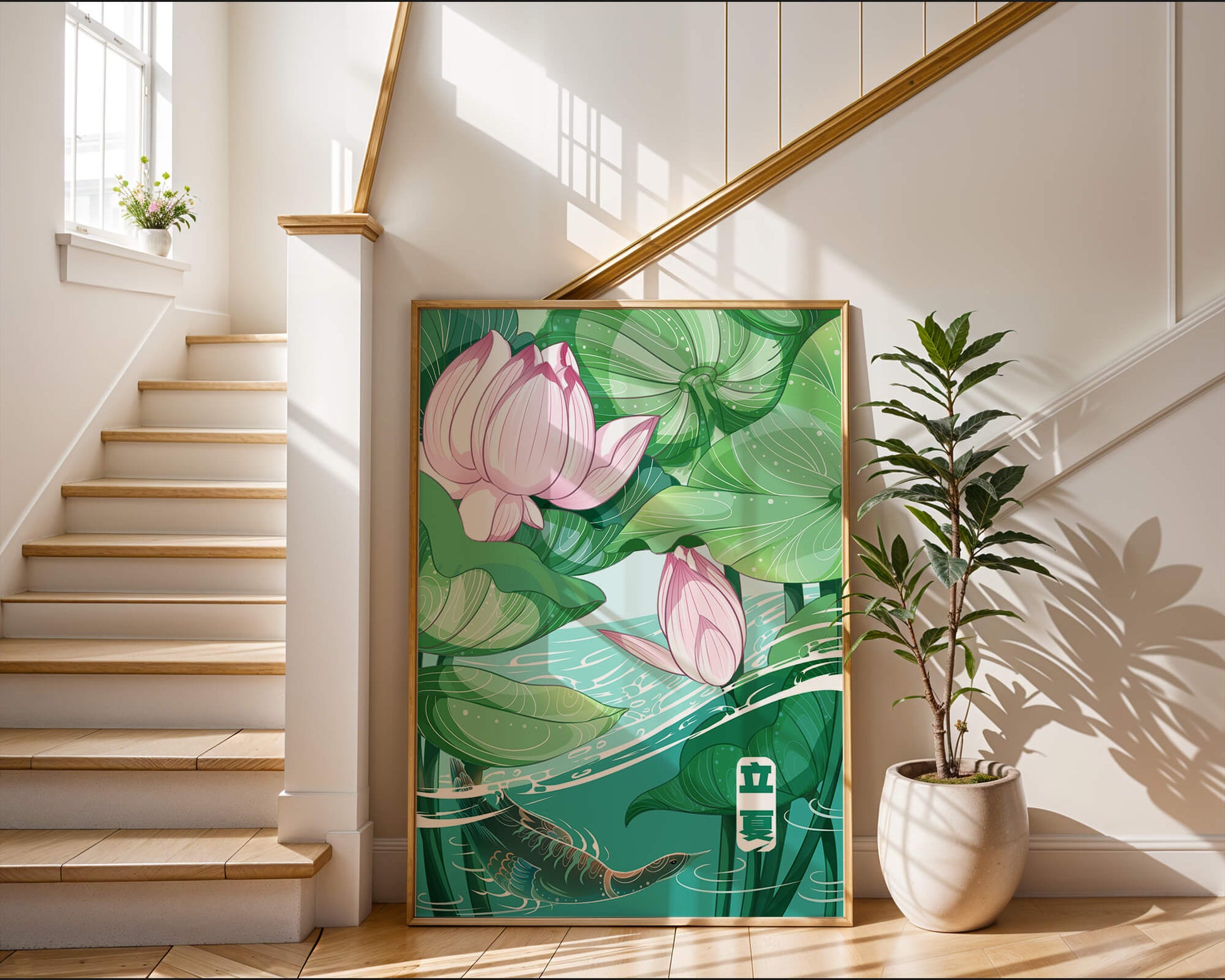 Ilustración de la naturaleza serena con flores de loto y vida acuática