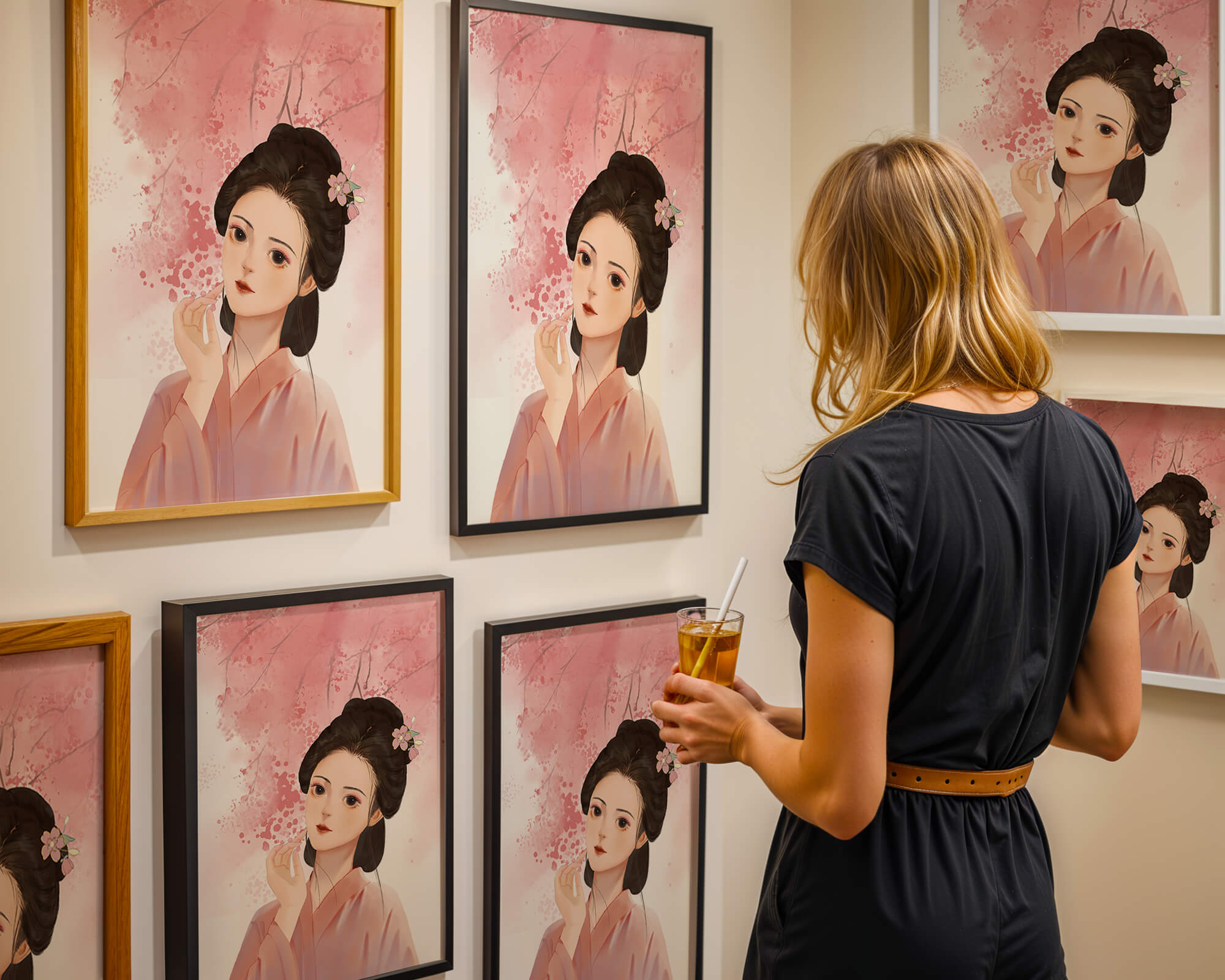 Traditional Japanese woman with pink cherry blossoms in the background