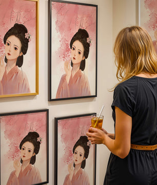 Femme japonaise traditionnelle avec des fleurs de cerisier roses en arrière-plan
