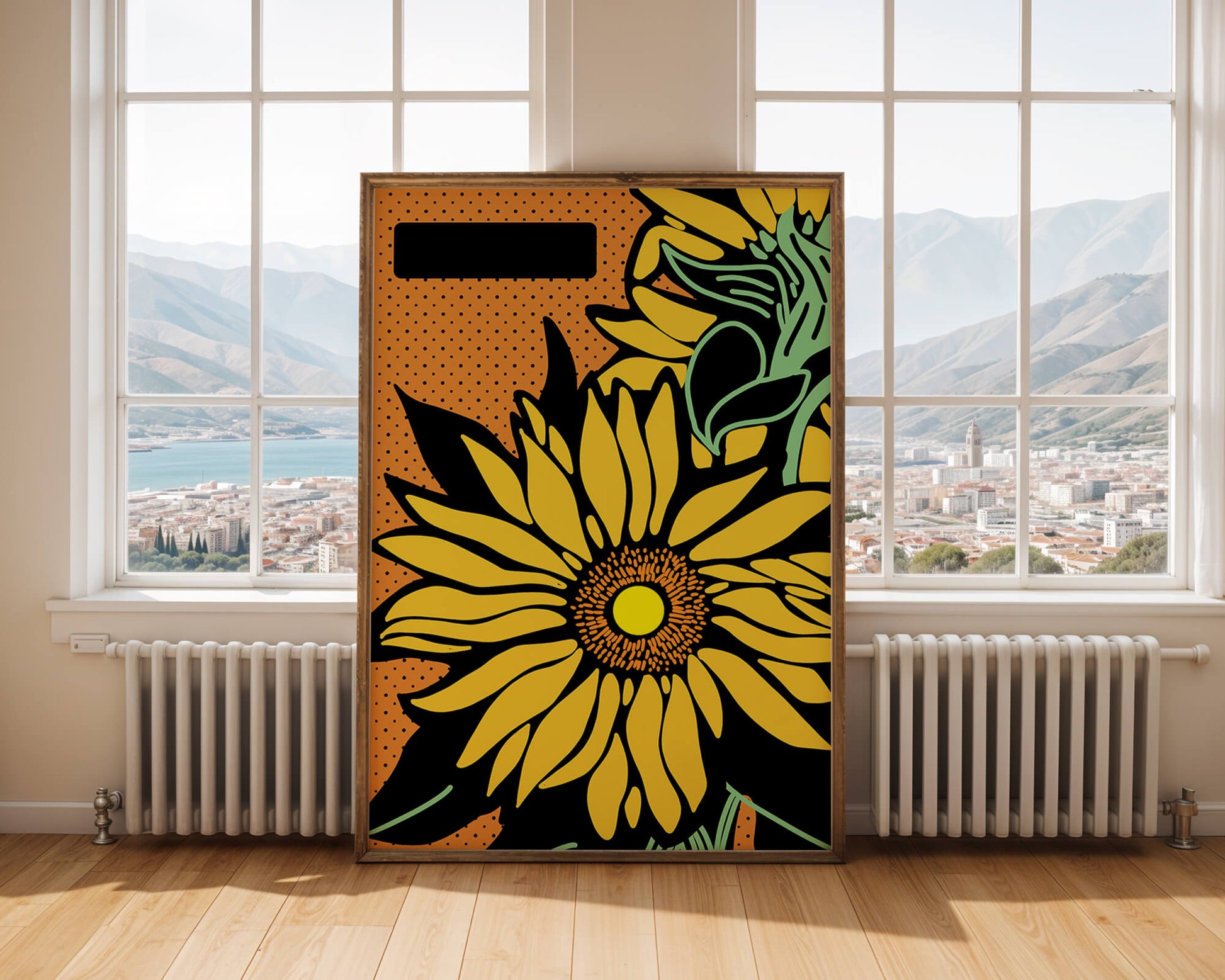 Colorful sunflower illustration with bold lines and dots