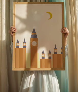 Ilustración minimalista de un icónico reloj con luna creciente