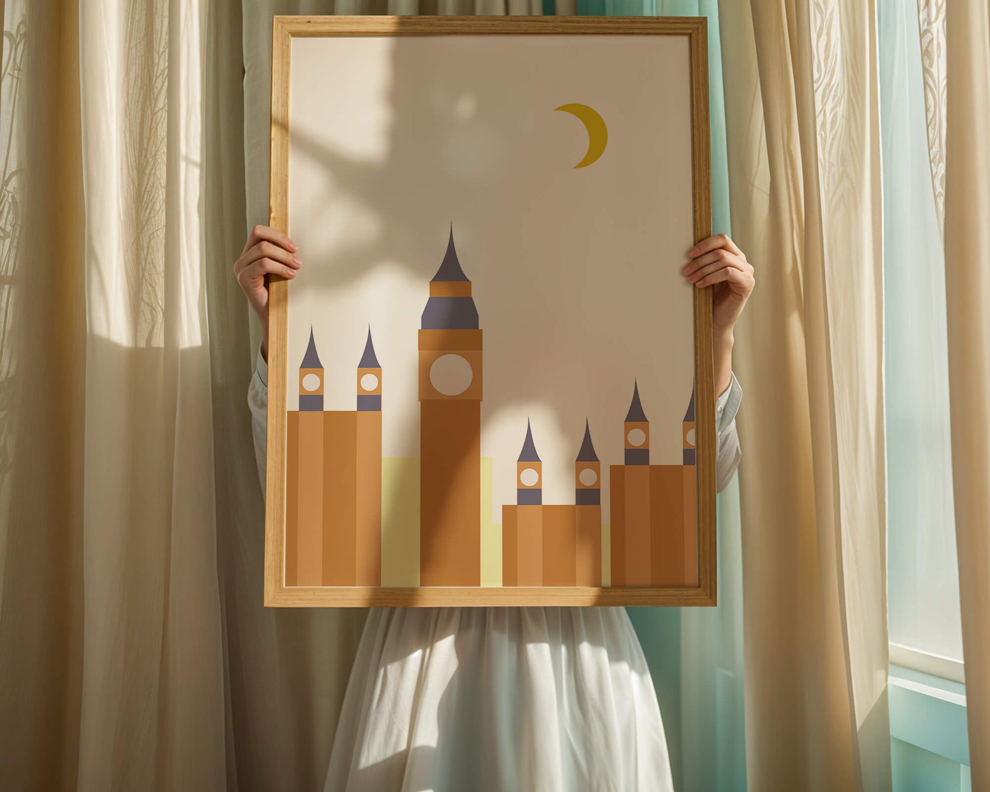 Minimalist illustration of iconic clock tower with crescent moon