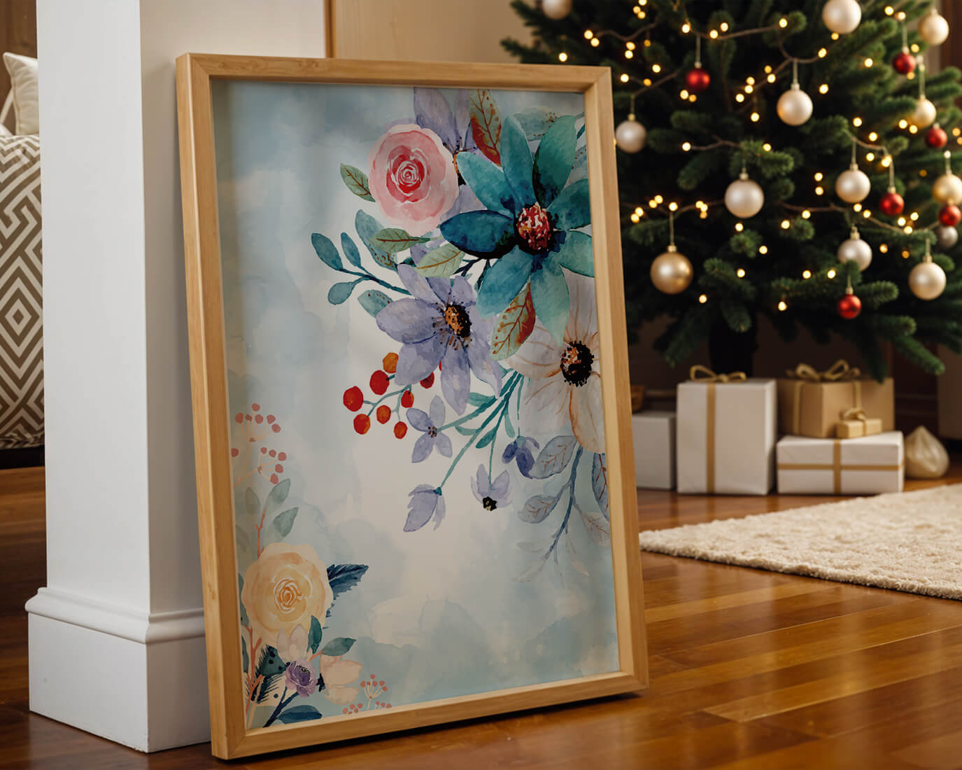 Ilustración floral acuarela con flores y hojas vibrantes
