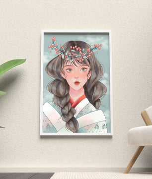 Illustration d'une jeune femme avec une coiffe florale sur fond de ciel nuageux