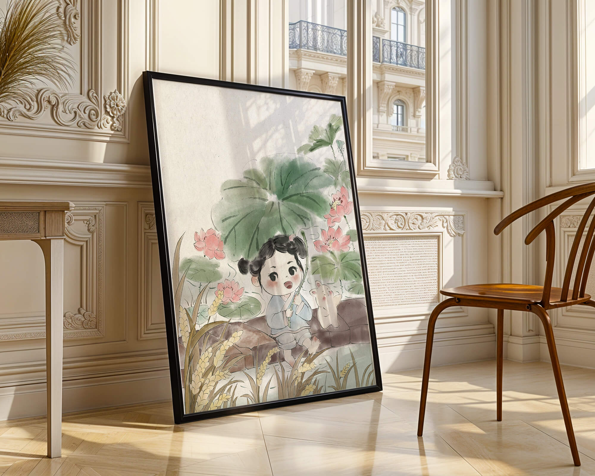 Charming illustration of a child with flowers and a bunny by the water