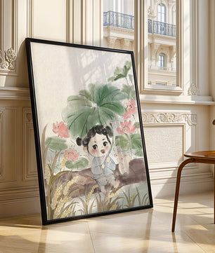 Charming illustration of a child with flowers and a bunny by the water