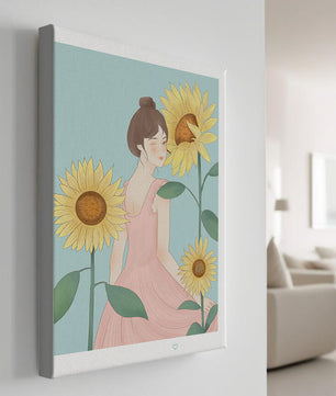 Ilustración de una mujer en un vestido rosa con girasoles