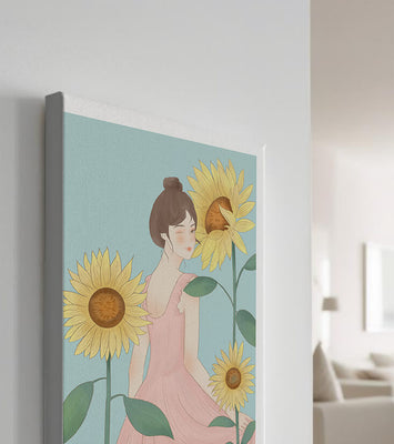 Illustration of a woman in a pink dress with sunflowers