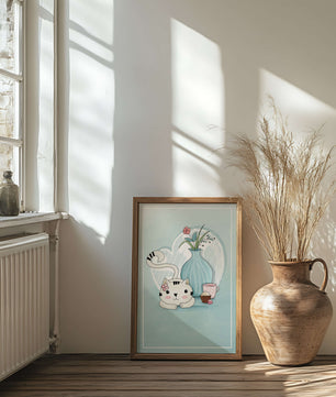 Cute Cat with Flowers, Cup, and Vase on Blue Background - Mi tienda