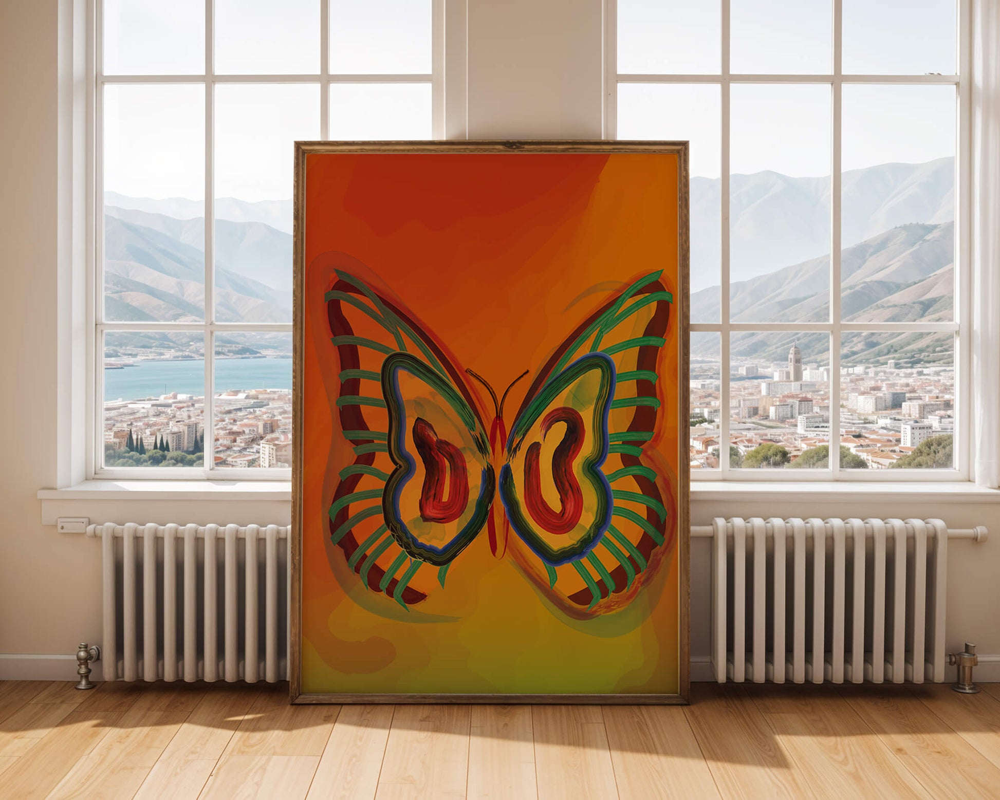 Vibrant butterfly depiction with colorful abstract background
