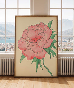 Delicate Pink Peony with Green Leaves Illustration