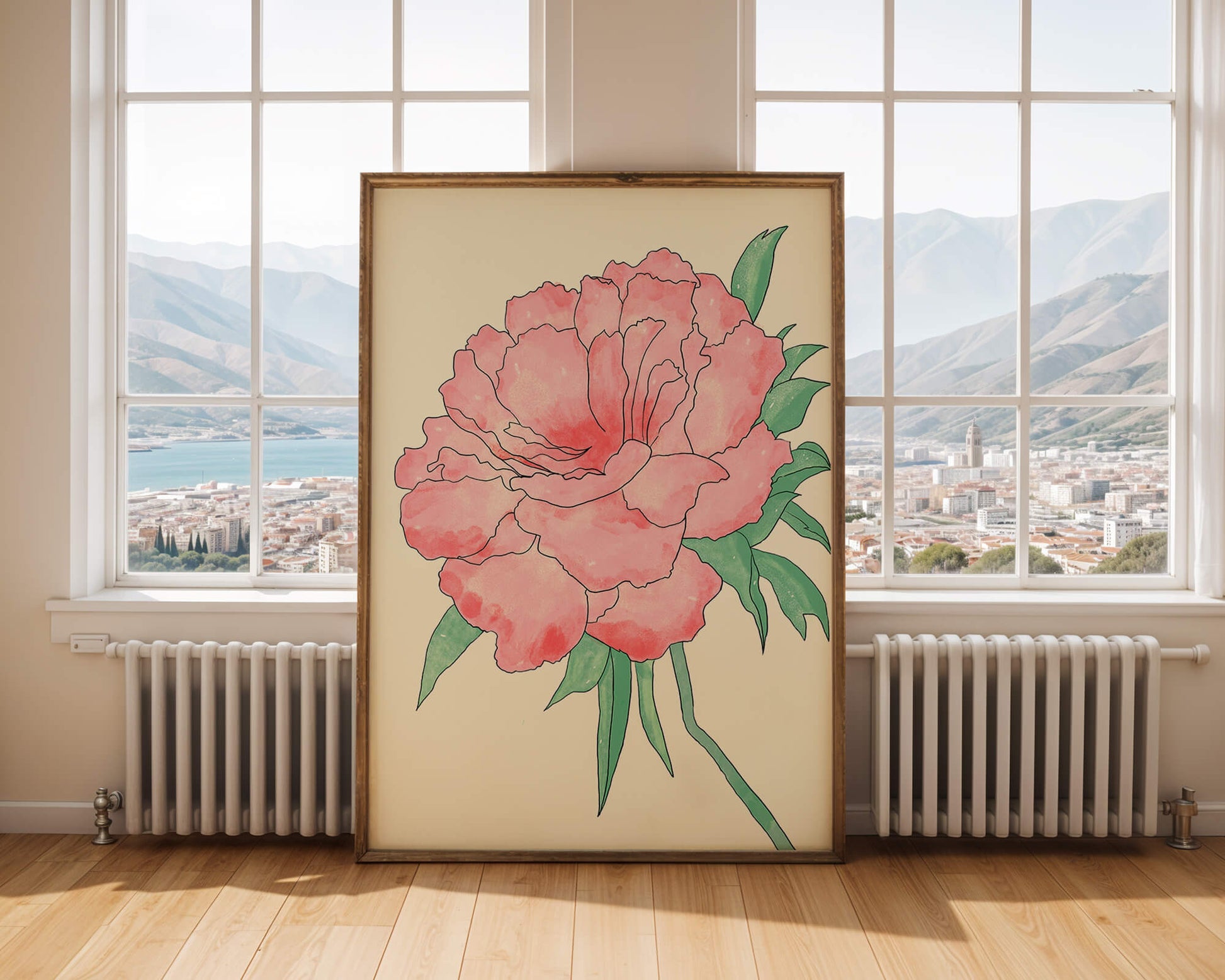 Delicate Pink Peony with Green Leaves Illustration