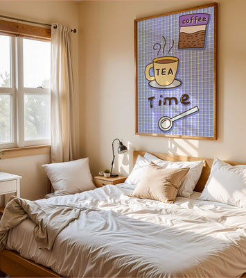 Cozy tea and coffee themed illustration with cup and spoon on plaid background