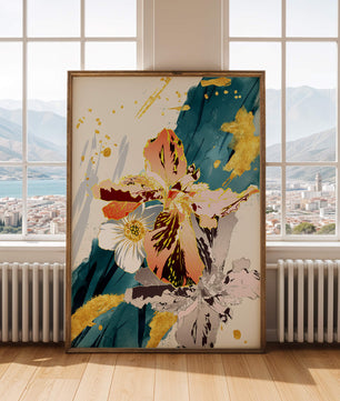 Obra de arte floral abstracta elegante con detalles dorados