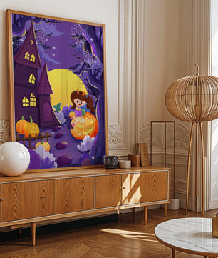 Charming Halloween scene with a girl on a pumpkin near a haunted house