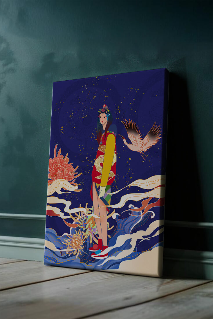 Elegant fusion of traditional and modern art with floral and avian elements