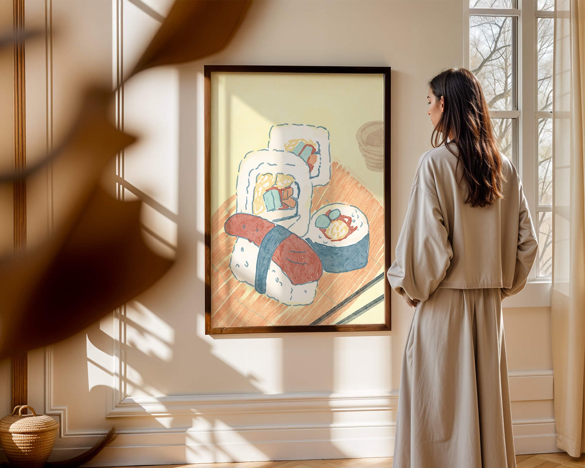 Illustration of assorted sushi on a wooden board