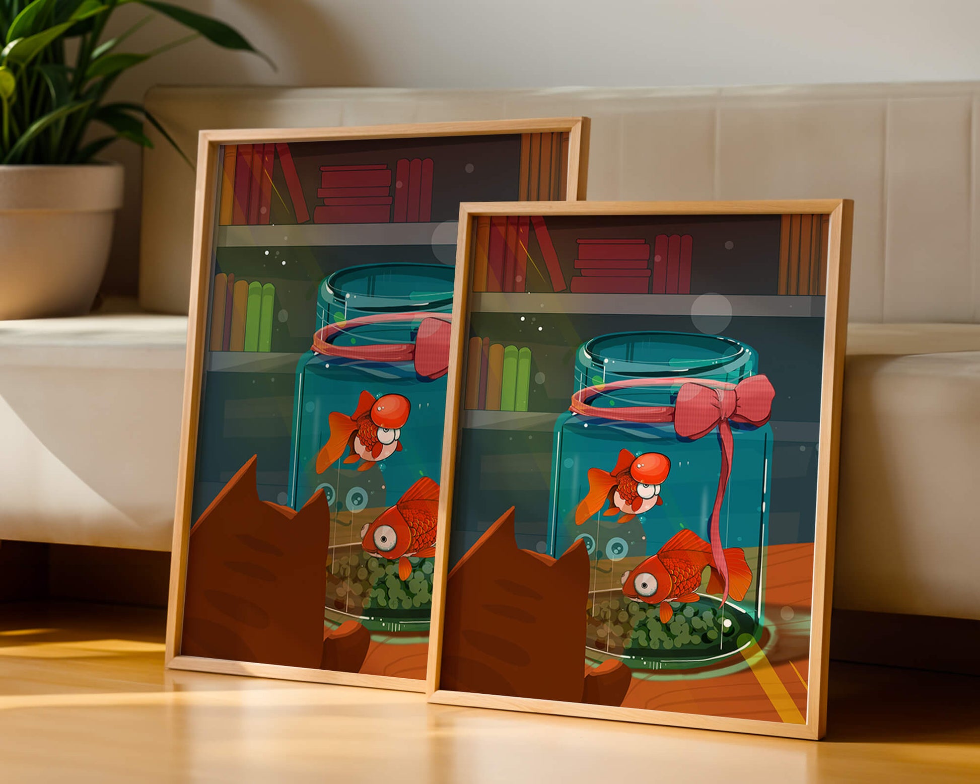 Neugierige Katze beobachtet Goldfische in einem Glas auf einem Bücherregal