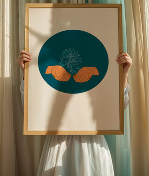 Illustration of Hands Holding a Plant with Teal Background