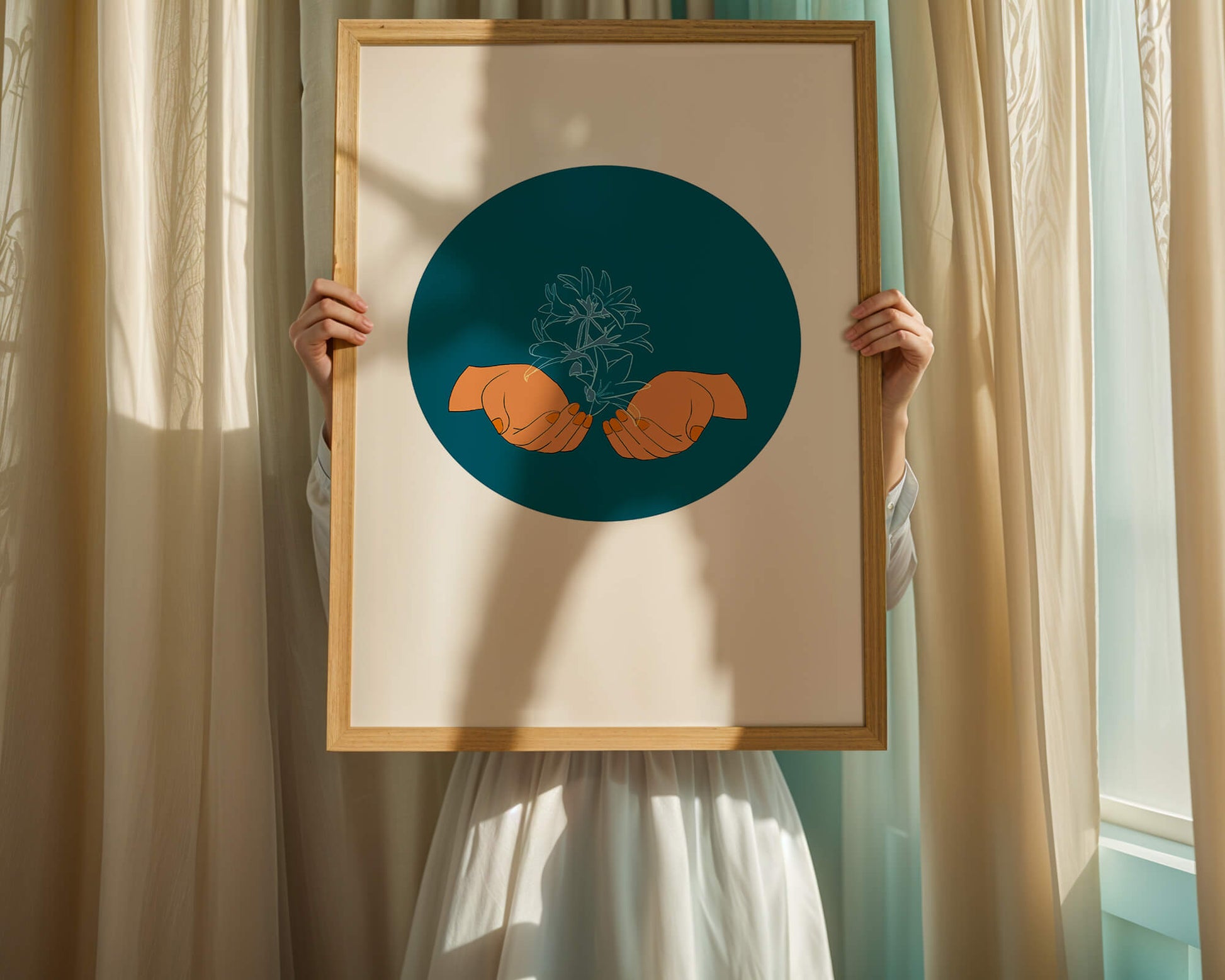 Illustration of Hands Holding a Plant with Teal Background