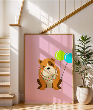 Perro de dibujos animados adorable con luces festivas y globos coloridos sobre fondo rosa