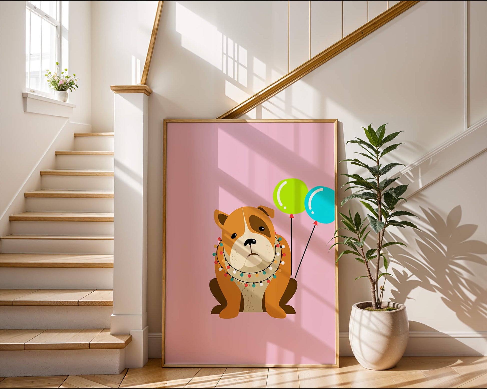 Perro de dibujos animados adorable con luces festivas y globos coloridos sobre fondo rosa
