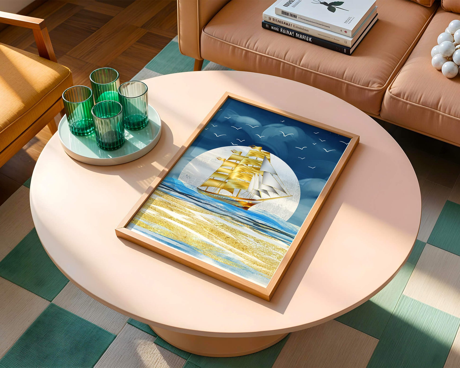 Golden Sailing Ship on the Sea with Seagulls and Blue Horizon