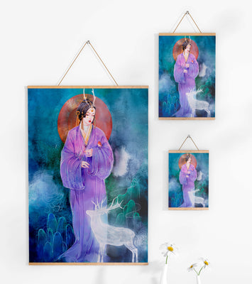 Elegant woman in traditional attire with a mystical deer set against a serene backdrop